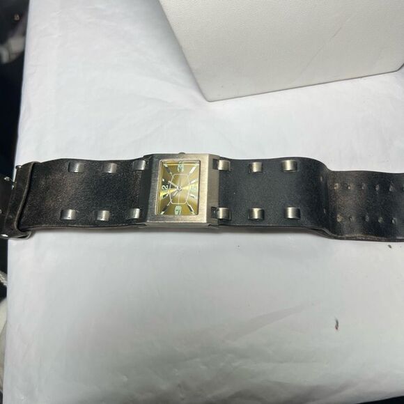 Vintage Mod Biker Leather Studded Rectangular Watch (needs battery) - Picture 5 of 8